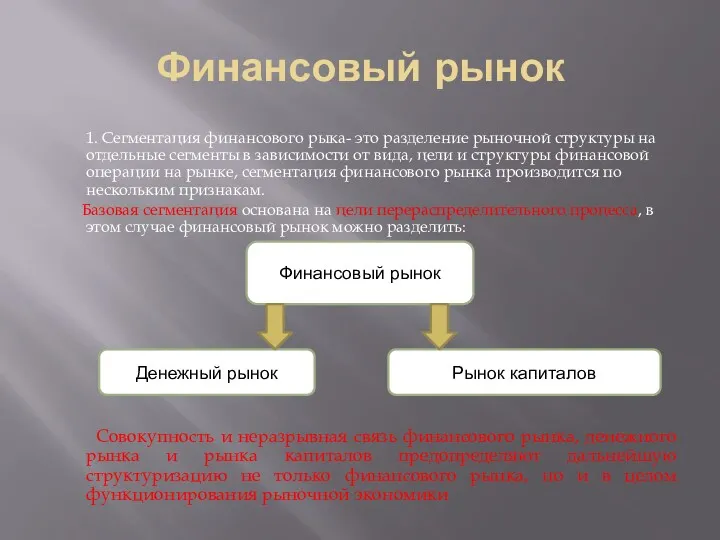 Финансовый рынок 1. Сегментация финансового рыка- это разделение рыночной структуры