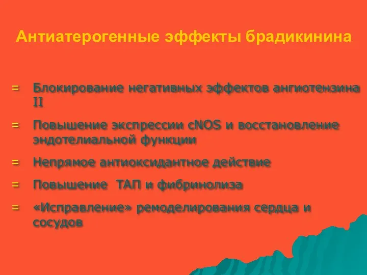 Антиатерогенные эффекты брадикинина Блокирование негативных эффектов ангиотензина II Повышение экспрессии