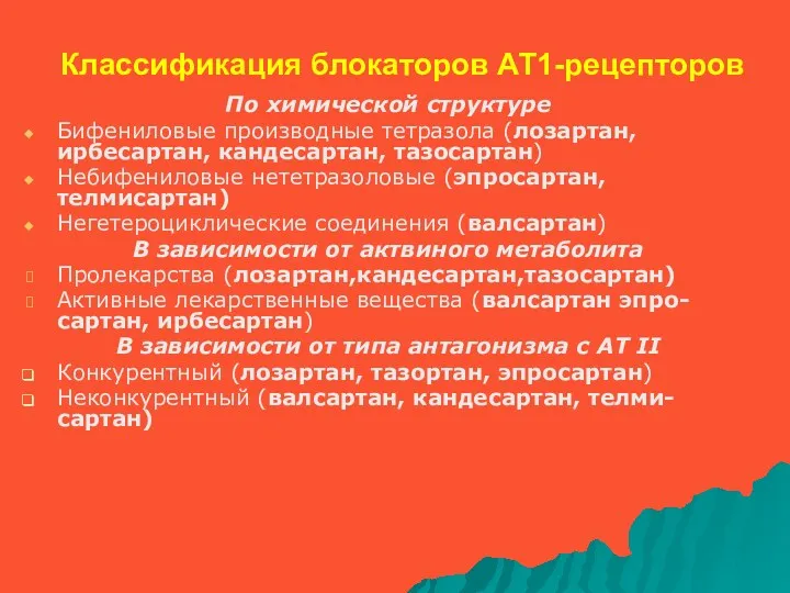 Классификация блокаторов АТ1-рецепторов По химической структуре Бифениловые производные тетразола (лозартан, ирбесартан, кандесартан, тазосартан)