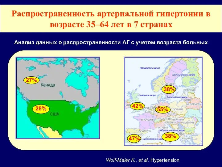 Распространенность артериальной гипертонии в возрасте 35–64 лет в 7 странах