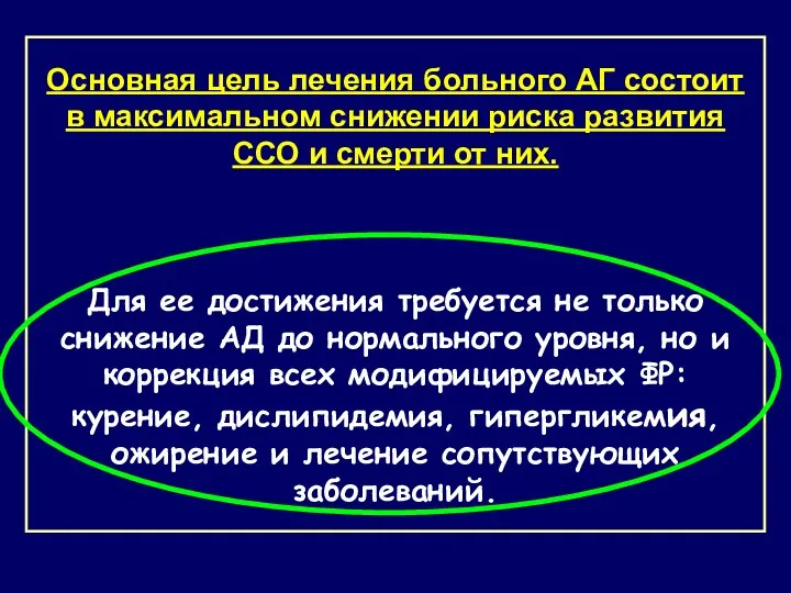 Основная цель лечения больного АГ состоит в максимальном снижении риска