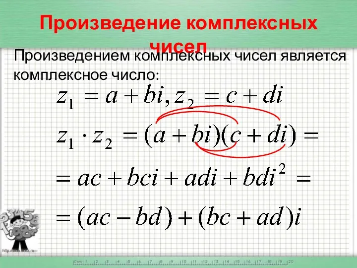 Произведение комплексных чисел Произведением комплексных чисел является комплексное число: