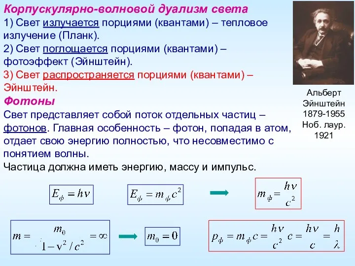 Альберт Эйнштейн 1879-1955 Ноб. лаур. 1921 Корпускулярно-волновой дуализм света 1)