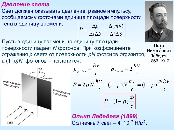 Пётр Никола́евич Ле́бедев 1866-1912 Давление света Свет должен оказывать давление,