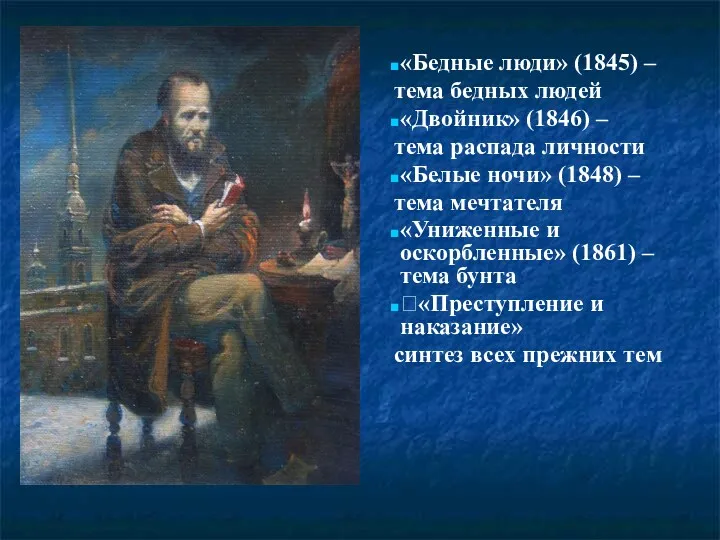 «Бедные люди» (1845) – тема бедных людей «Двойник» (1846) – тема распада личности