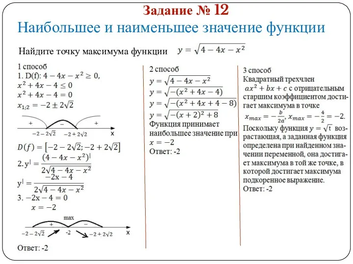 Задание № 12 Наибольшее и наименьшее значение функции Найдите точку максимума функции