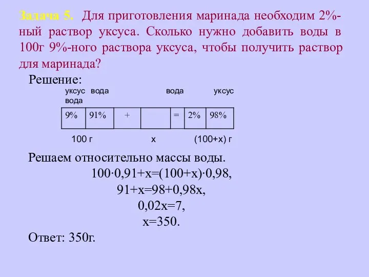 Задача 5. Для приготовления маринада необходим 2%-ный раствор уксуса. Сколько