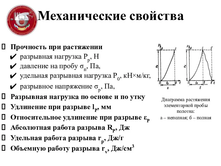 Механические свойства Прочность при растяжении разрывная нагрузка Рр, Н давление