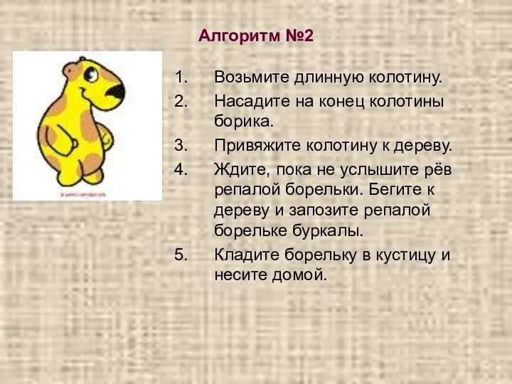 Алгоритм №2 Возьмите длинную колотину. Насадите на конец колотины борика.