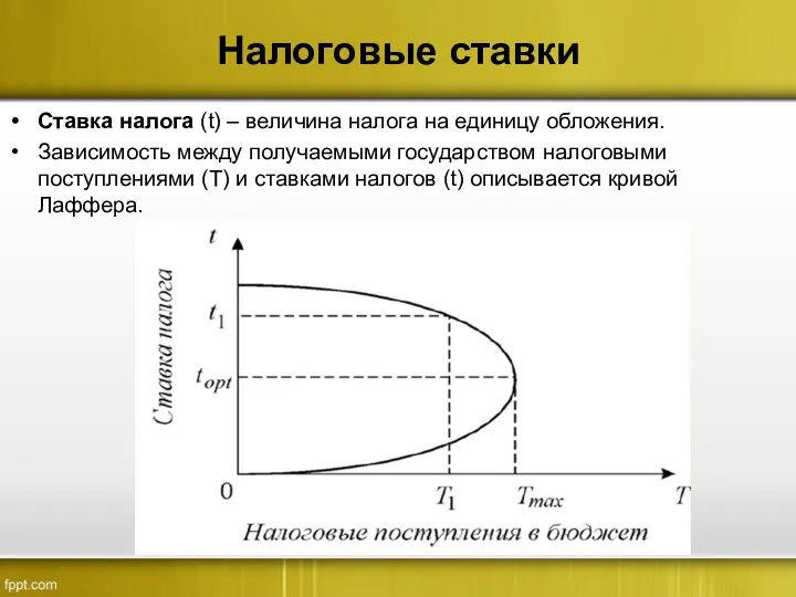 Налоговые ставки Ставка налога (t) – величина налога на единицу