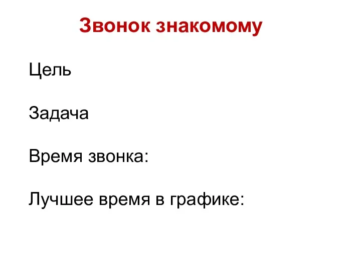 Звонок знакомому Цель Задача Время звонка: Лучшее время в графике: