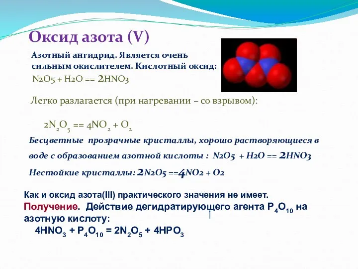 Оксид азота (V) Бесцветные прозрачные кристаллы, хорошо растворяющиеся в воде