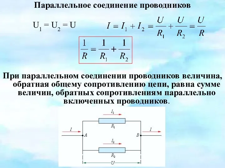 Параллельное соединение проводников U1 = U2 = U При параллельном