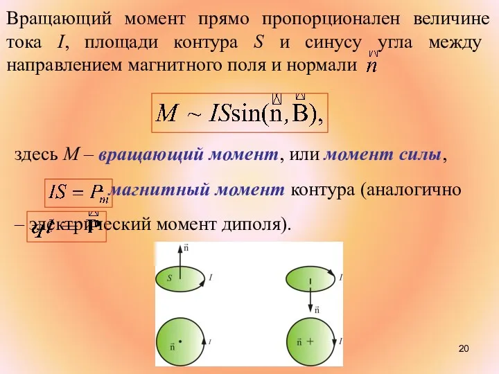 Вращающий момент прямо пропорционален величине тока I, площади контура S