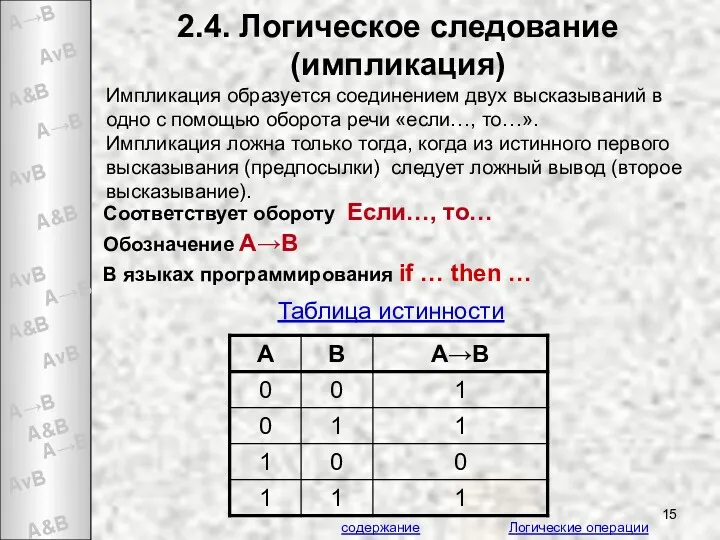 2.4. Логическое следование (импликация) Соответствует обороту Если…, то… Обозначение А→В