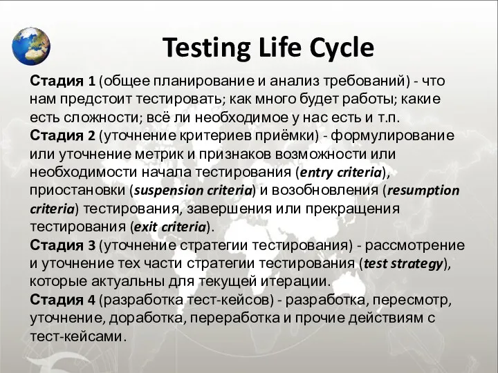 Testing Life Cycle Стадия 1 (общее планирование и анализ требований)