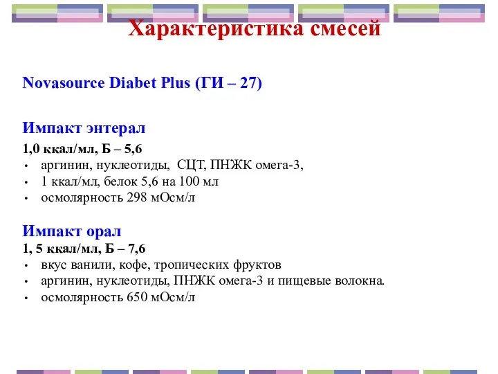 Характеристика смесей Novasource Diabet Plus (ГИ – 27) Импакт энтерал