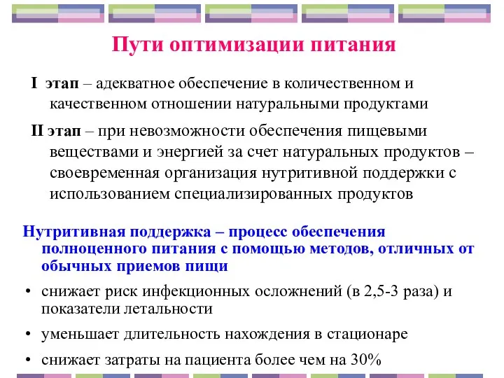 Пути оптимизации питания I этап – адекватное обеспечение в количественном