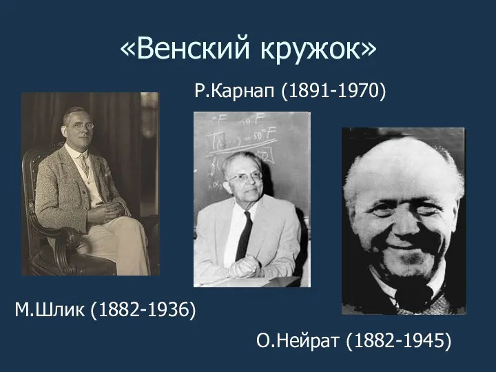 «Венский кружок» М.Шлик (1882-1936) Р.Карнап (1891-1970) О.Нейрат (1882-1945)