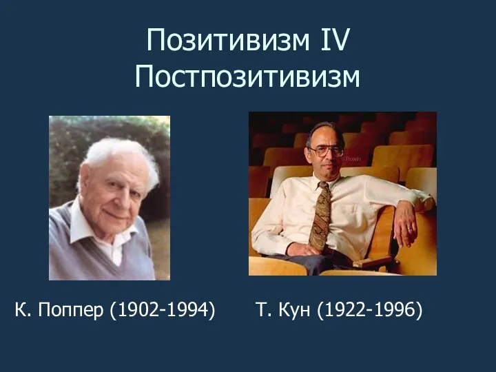 Позитивизм IV Постпозитивизм К. Поппер (1902-1994) Т. Кун (1922-1996)