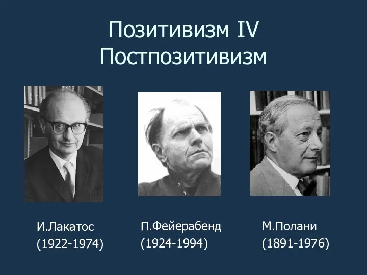 Позитивизм IV Постпозитивизм И.Лакатос (1922-1974) П.Фейерабенд (1924-1994) М.Полани (1891-1976)