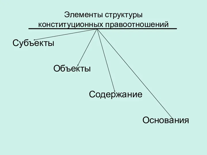 Элементы структуры конституционных правоотношений Субъекты Объекты Содержание Основания