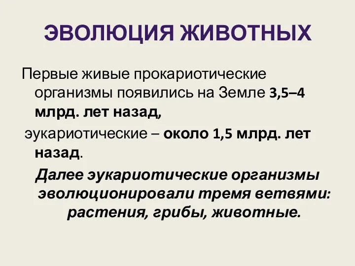 ЭВОЛЮЦИЯ ЖИВОТНЫХ Первые живые прокариотические организмы появились на Земле 3,5–4