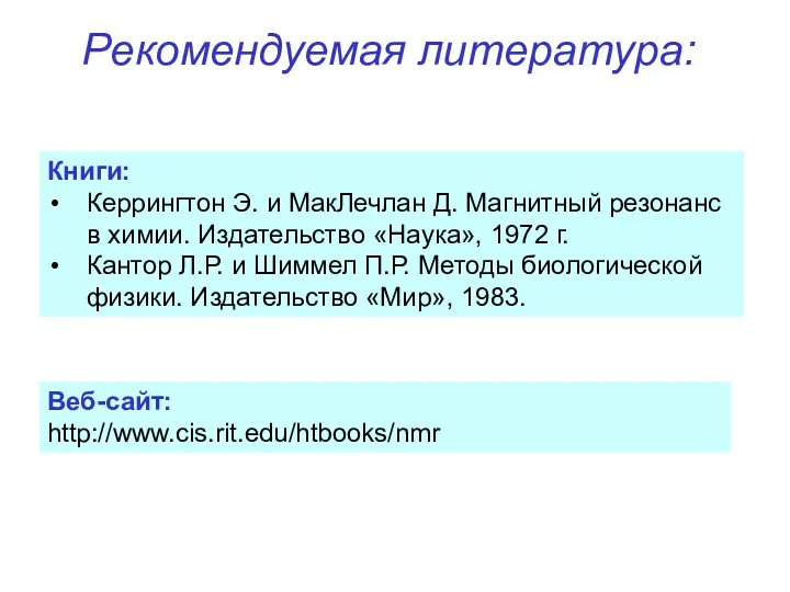 Рекомендуемая литература: Книги: Керрингтон Э. и МакЛечлан Д. Магнитный резонанс