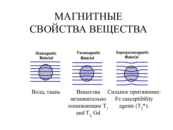 МАГНИТНЫЕ СВОЙСТВА ВЕЩЕСТВА Вода, ткань Вещества незначительно понижающие T1 and