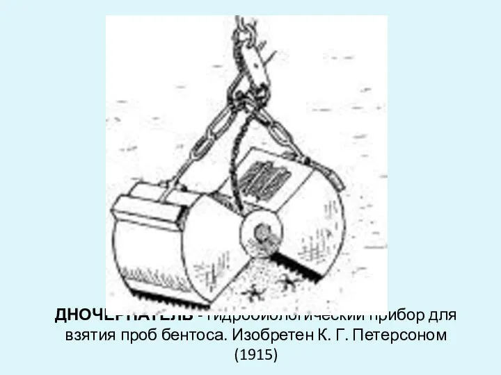 ДНОЧЕРПАТЕЛЬ - гидробиологический прибор для взятия проб бентоса. Изобретен К. Г. Петерсоном (1915)