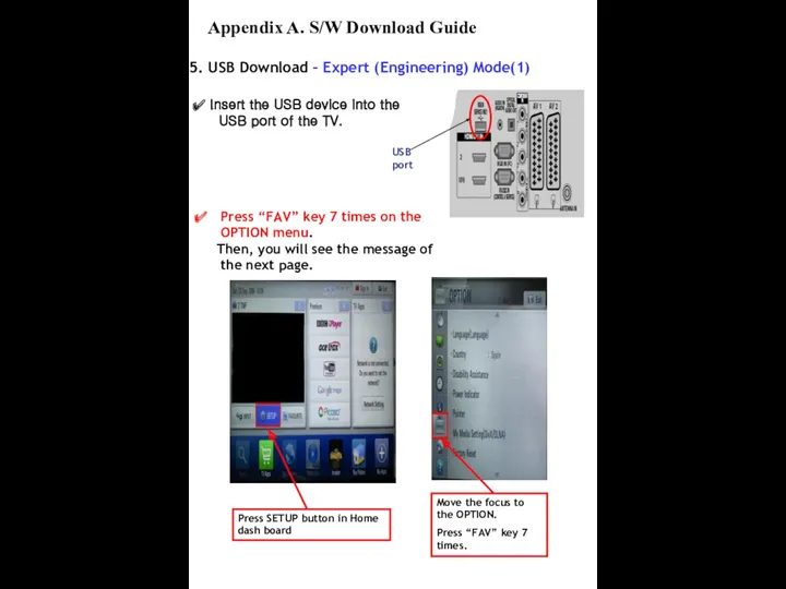 5. USB Download – Expert (Engineering) Mode(1) Press “FAV” key 7 times on