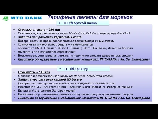 Тарифные пакеты для моряков Стоимость пакета – 250 грн Основная