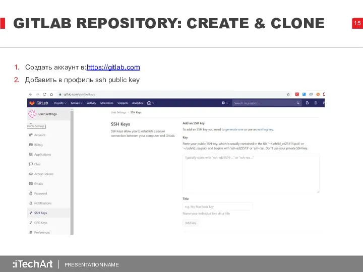 GITLAB REPOSITORY: CREATE & CLONE PRESENTATION NAME Создать аккаунт в:https://gitlab.com Добавить в профиль ssh public key