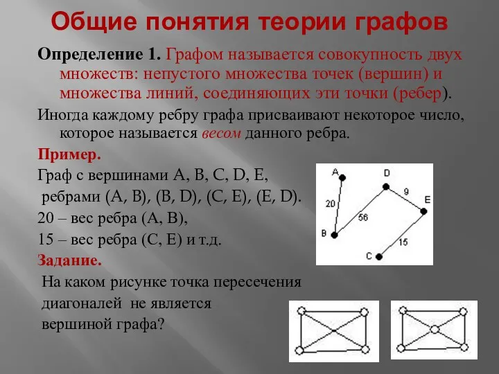 Общие понятия теории графов Определение 1. Графом называется совокупность двух