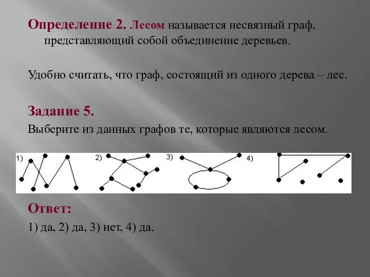 Определение 2. Лесом называется несвязный граф, представляющий собой объединение деревьев.