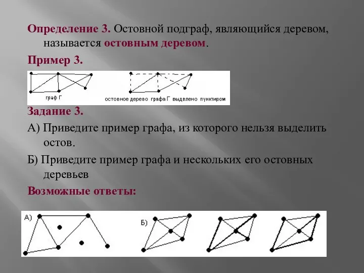 Определение 3. Остовной подграф, являющийся деревом, называется остовным деревом. Пример