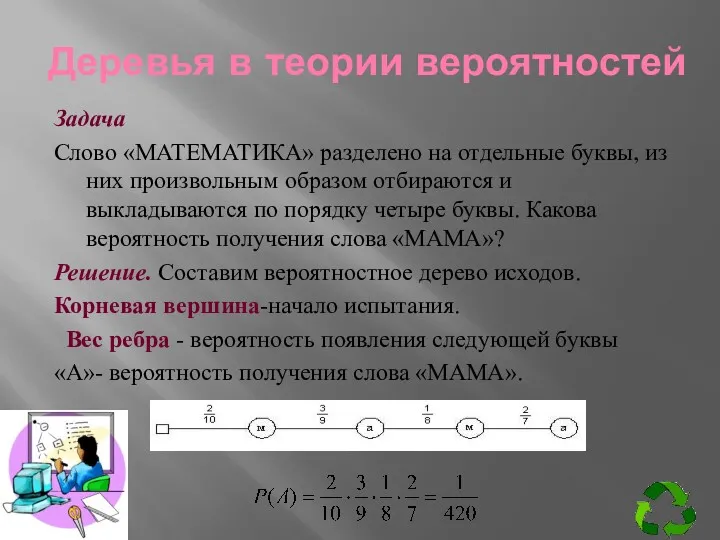 Деревья в теории вероятностей Задача Слово «МАТЕМАТИКА» разделено на отдельные