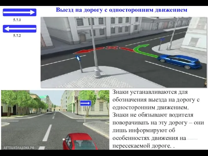 Знаки устанавливаются для обозначения выезда на дорогу с односторонним движением.