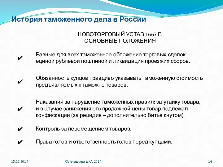 История таможенного дела в России 15.12.2014 ©Легашова Е.С. 2014