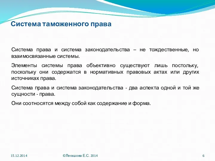 Система таможенного права Система права и система законодательства – не