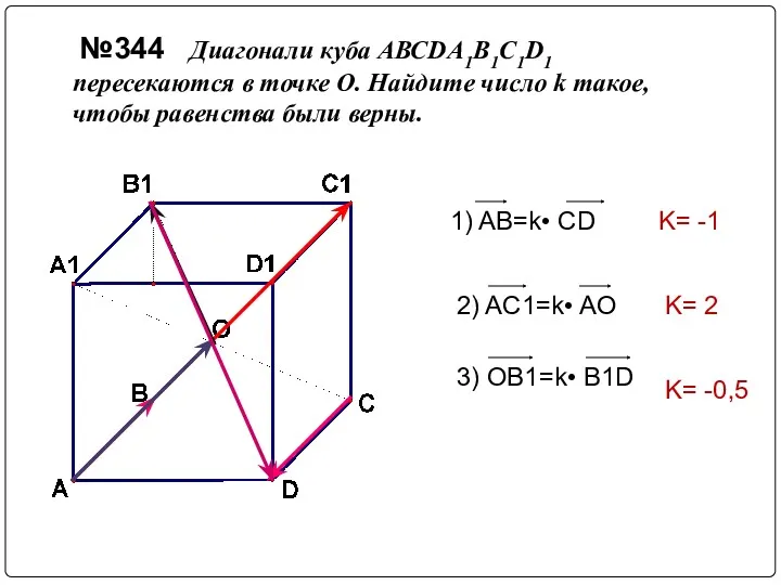 №344 Диагонали куба АВСDА1В1С1D1 пересекаются в точке О. Найдите число