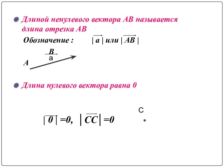 Длиной ненулевого вектора АВ называется длина отрезка АВ Обозначение :