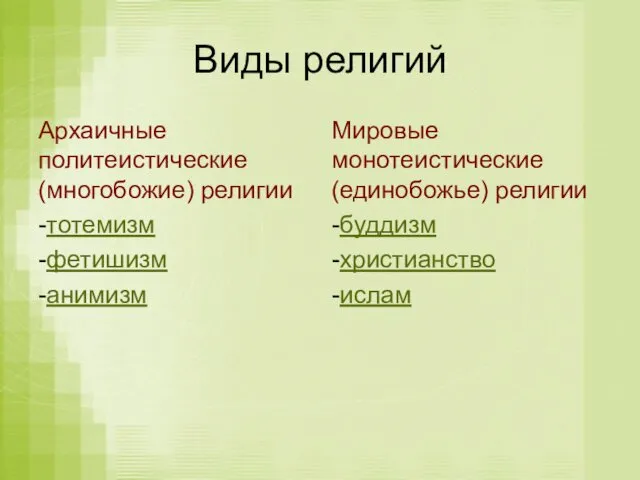 Виды религий Архаичные политеистические (многобожие) религии -тотемизм -фетишизм -анимизм Мировые монотеистические (единобожье) религии -буддизм -христианство -ислам