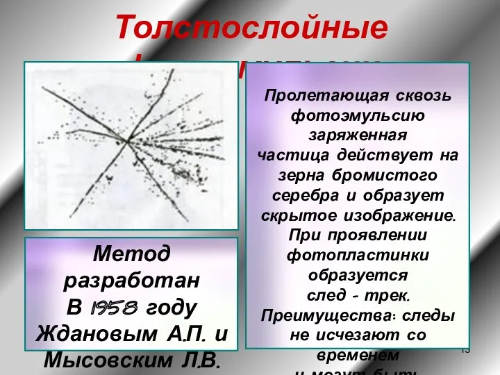 Толстослойные фотоэмульсии Метод разработан В 1958 году Ждановым А.П. и