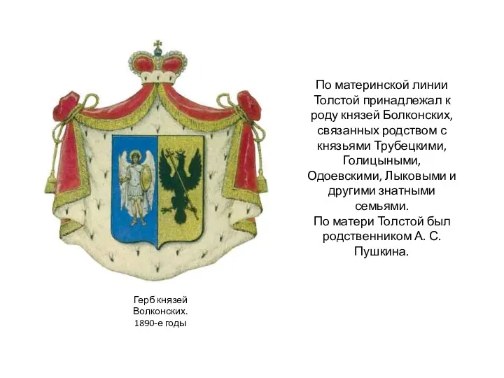 Герб князей Волконских. 1890-е годы По материнской линии Толстой принадлежал