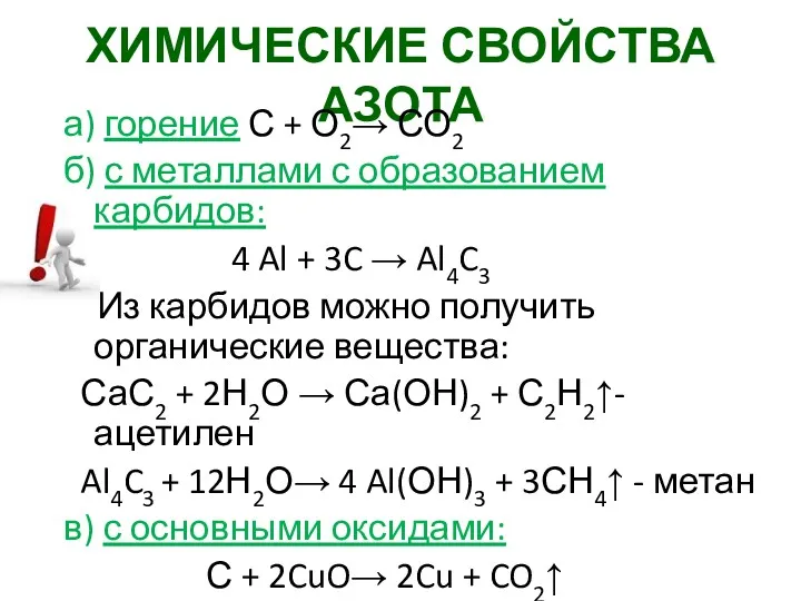 ХИМИЧЕСКИЕ СВОЙСТВА АЗОТА а) горение С + О2→ СО2 б)