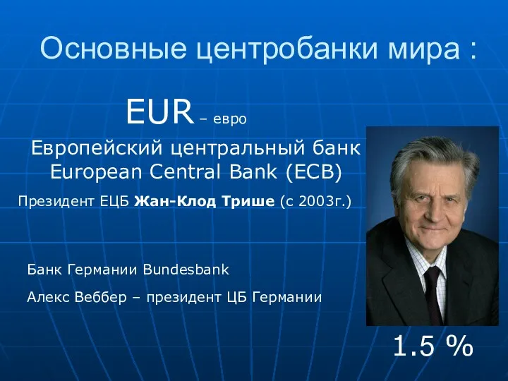 EUR – евро Европейский центральный банк European Central Bank (ECB)