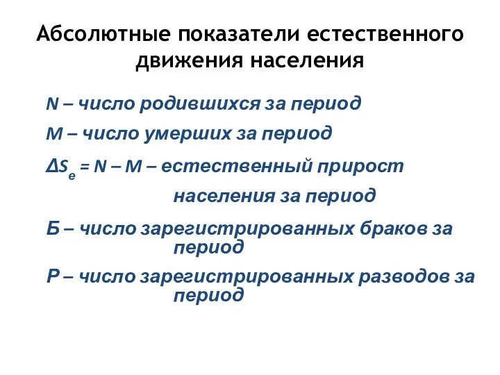 Абсолютные показатели естественного движения населения N – число родившихся за