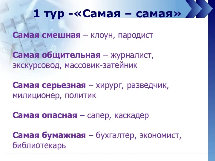 1 тур -«Самая – самая» Самая смешная – клоун, пародист