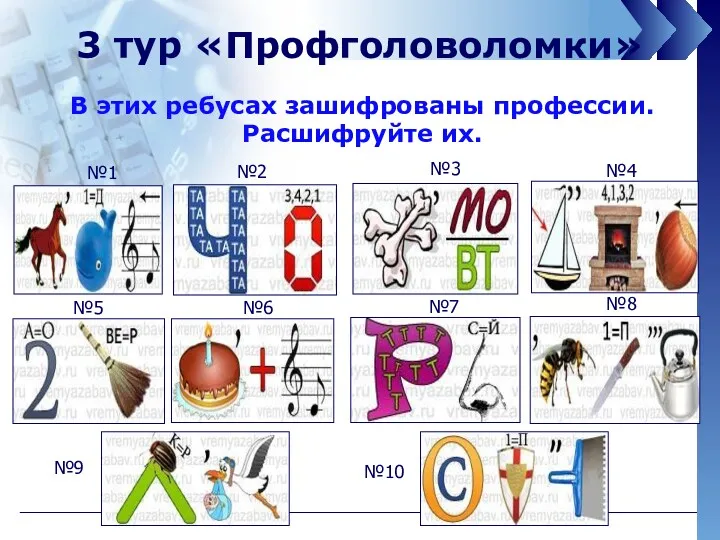 3 тур «Профголоволомки» В этих ребусах зашифрованы профессии. Расшифруйте их.